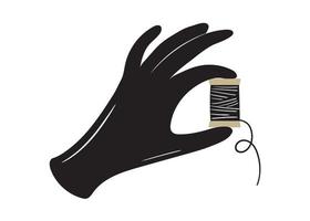 black hand with threads in hand. illustration vintage hand drawn in cartoon style vector