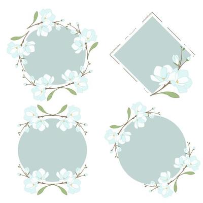 white blue magnolia or jasmine wreath frame collection flat style