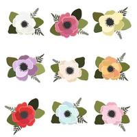 colorful anemone flower bouquet collection flat style isolated on white background vector