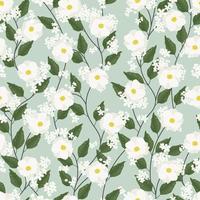 white cosmos flower on green background seamless pattern