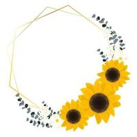 flat style sunflower eucalyptus with golden frame wreath on white background vector