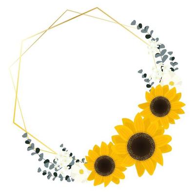 flat style sunflower eucalyptus with golden frame wreath on white background