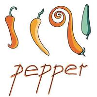 Set of doodle peppers, cute vector illustration, red and green hot pepper and the inscription pepper