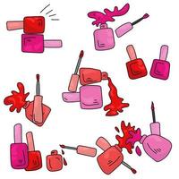 Set of bright nail polishes with brushes and splashes, red and pink bottles with varnish for manicure or pedicure vector