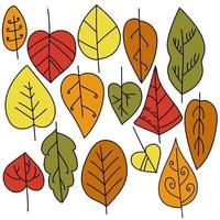 Set of multi-colored leaves in autumn shades with black outline and ornate patterns vector