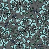 Doodle seamless pattern with leaf and flower on the circle, vector hand draw illustration on gray background with blue and green elements