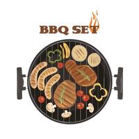 Barbecue with grill and food. Grilled steaks and sausages. Grilled vegetables. Barbecue sauce. vector