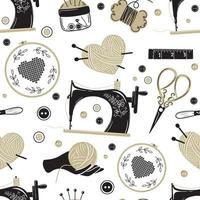 Needlework, knitting and sewing. Various sewing tools. Needles, scissors, yarn, sewing machine, spools, threads, etc. Hand drawn vector pattern.