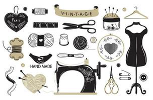 Needlework concept. Various sewing tools. Needles, scissors, yarn, sewing machine, spools, threads, etc. Hand drawn vector set. Cartoon style, flat design. All elements are isolated