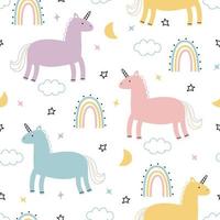 unicornio de patrones sin fisuras de vivero con cielo y arco iris para impresiones, papel tapiz decorativo, ilustraciones de vectores textiles