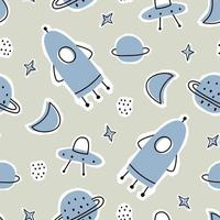 fondo espacial con cohetes y estrellas vivero patrón vectorial sin costuras en estilo de dibujos animados para impresión, papel pintado, decoración, textil vector