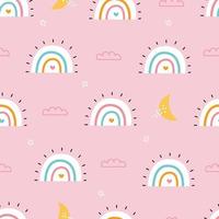 Arco iris de patrón de bebé sin costuras con nubes sobre fondo rosa, dibujado a mano, diseñado en un estilo de dibujos animados. utilizado para estampados, papel tapiz decorativo, motivos de ropa de bebé, textiles vector