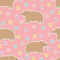 seamless baby pattern cartoon background with brown bear on pink heart background Use for fabric patterns, textiles, wallpaper, vector illustrations