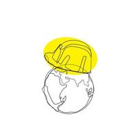 continuous line drawing earth globe with yellow helmet illustration icon vector