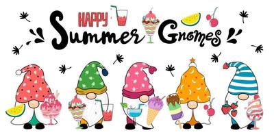 ilustración vectorial de gnomo y helado dulce diseñada en estilo garabato. en tema de verano para decoración, pegatinas, diseños de camisetas, arte para niños y otros. vector