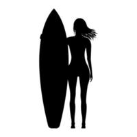 niña, con, tabla de surf, silueta, vista trasera vector