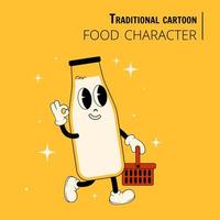 Food character in the style of a traditional cartoon. Stylish milk character. vector