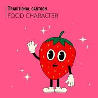 Food character in the style of a traditional cartoon. Stylish strawberry character. vector