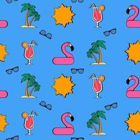 Seamless pattern with palm trees, sun, rubber ring flamingo, cocktail. vector