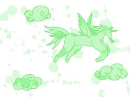 unicornio verde con alas y nubes. boceto garabato vector