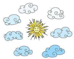 mini ilustración de sol y nubes. boceto garabato vector