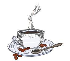 cup of hot coffee on a saucer with a spoon. sketch vector