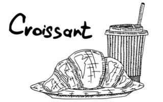 french croissant and coffee sketch doodle. print vector