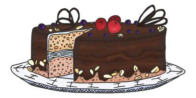 bright chocolate doodle cake with berries. print vector