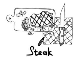 meat steak on wooden board doodle. illustration vector