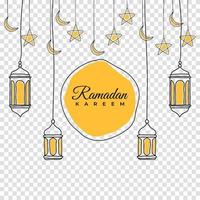 Ramadan greeting card or banner background. Hand drawn lanterns, moon and stars. Ramadan Kareem hand drawn decoration background. Vector design for muslim ramadan holiday