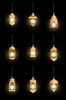 Oriental lamps. Arab lanterns hang on gold chains. Isolated realistic decorative lighting. Ramadan vector banner. Illustration lantern and lamp light muslim
