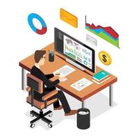 Businessman analyzing financial statistics dashboard. Business intelligent concept. Flat 3d isometric business technology concept. vector