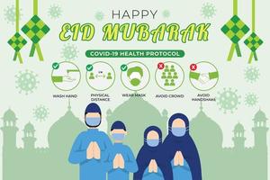 feliz eid mubarak con protocolo de salud covid-19 vector