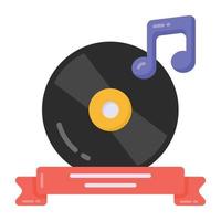 nota y disco con cinta que indica un icono plano de disco musical vector