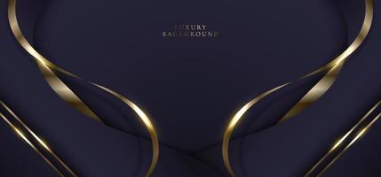 Elegant 3D abstract background dark purple curved shape with golden ribbon lines vector