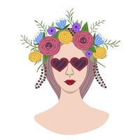 Girl in sunglasses and flowers on her head on white background. Illustration for printing, logo, beauty saloon, covers, packaging, greeting cards, posters, stickers, textile, seasonal design. vector