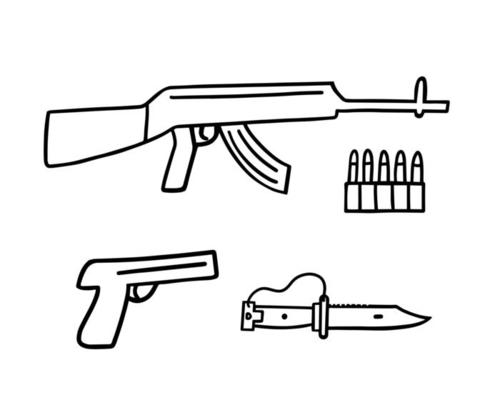 Military guns, machine gun, pistol, bayonet knife, ammo magazine, bullets. Illustration for printing, backgrounds, stickers, posters and seasonal design. Isolated on white background.