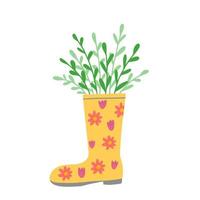 Boot with flowers, plants in boot. Illustration for printing, backgrounds, covers, packaging, greeting cards, posters, stickers, textile and seasonal design. Isolated on white background. vector