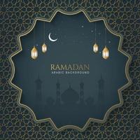 Ramadan Kareem Islamic Ornamental Background With Arabic Pattern and Mosque With Lanterns vector