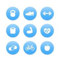 Fitness simple icons, kettlebell, biceps, dumbbell, cardio, running vector