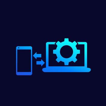 sincronización de datos entre la computadora portátil y el icono de vector de teléfono