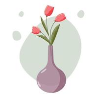 Bouquet of abstract tulip flowers in glass vase. Vector flat cartoon illustration