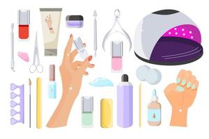herramientas para realizar manicura en casa y en salón de belleza. conjunto de productos para el cuidado de las manos. ilustración vectorial plana aislada sobre fondo blanco