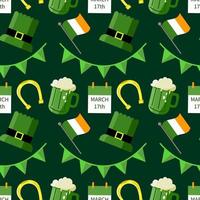 Seamless pattern of St. Patrick's Day with leprechaun hat, pot of gold, leprechaun boots and clover leaf elements on green background. Perfect for wallpaper, holiday greeting cards, gift paper vector