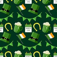 Seamless pattern of St. Patrick's Day with leprechaun hat, pot of gold, leprechaun boots and clover leaf elements on green background. Perfect for wallpaper, holiday greeting cards, gift paper vector