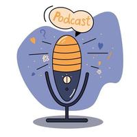 Media tools, mic and speech, sound recording device. Colorful bright vector illustration of microphone for television and radio broadcasting in doodle style