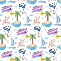 Seamless pattern island, yacht, boat, diving mask, coral, sunny sky and gulls. Summer exotic background of digital paper. Vector cartoon flat illustration