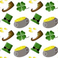 Seamless pattern of St Patrick's Day with leprechaun hat, pot of gold, leprechaun boots and clover leaf elements on white background. Perfect for wallpaper, holiday greeting cards, gift paper, fabric vector