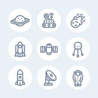 Space line icons set over white, comet, astronaut, satellite, space probe, shuttle, rocket, planet with asteroid belt, radio telescope vector