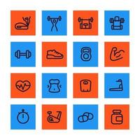 fitness and gym training line icons set, workout, bodybuilding, sport pictograms in squares on white vector